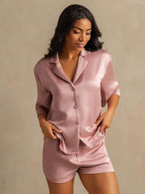[Perzikhuid] SilkSilky-NL 19Momme Halve Mouw Notchkraag Dames Pyjama Set 003