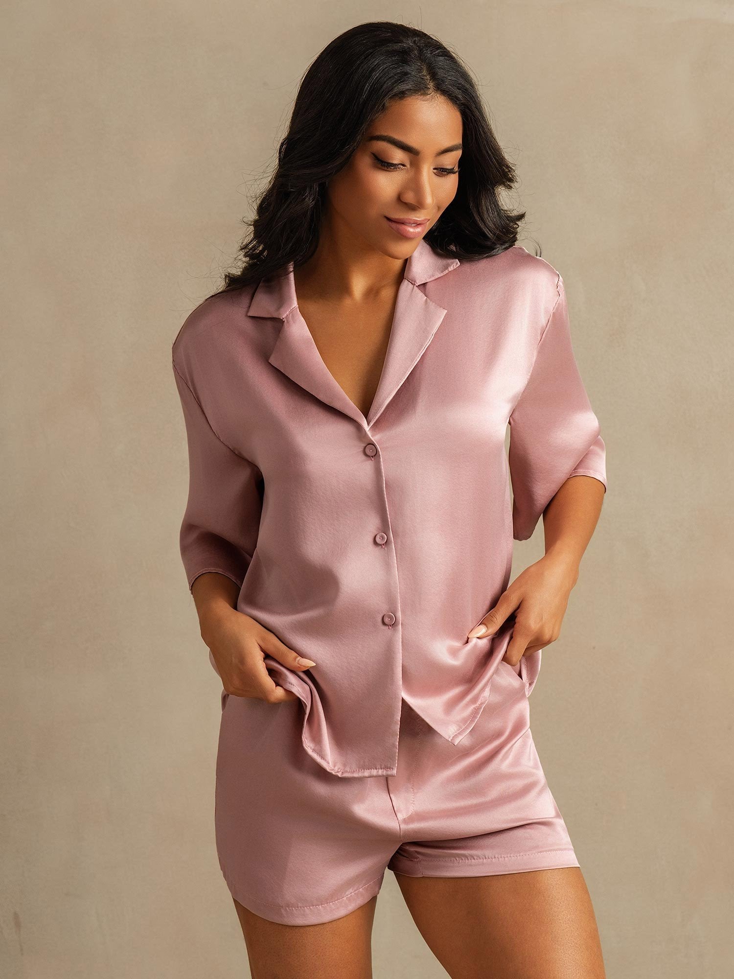 [Perzikhuid] SilkSilky-NL 19Momme Zijde Kraag Dames Pyjama Set 003,