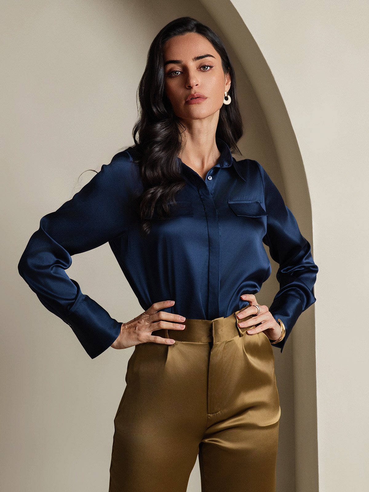 SilkSilky-NL 19Momme Zijde Lange Mouw Kraag Dames Blouse Donkerblauw 003