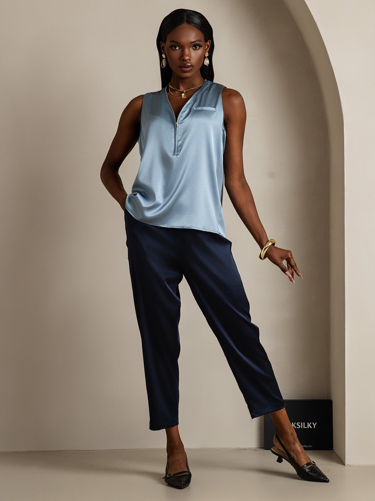SilkSilky-NL 19Momme Zijde Mouwloos V-Hals Dames Blouse GrijsachtigBlauw 005