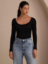 [Zwart] SilkSilky-NL Long Sleeve U-hals Dames T-Shirt 003