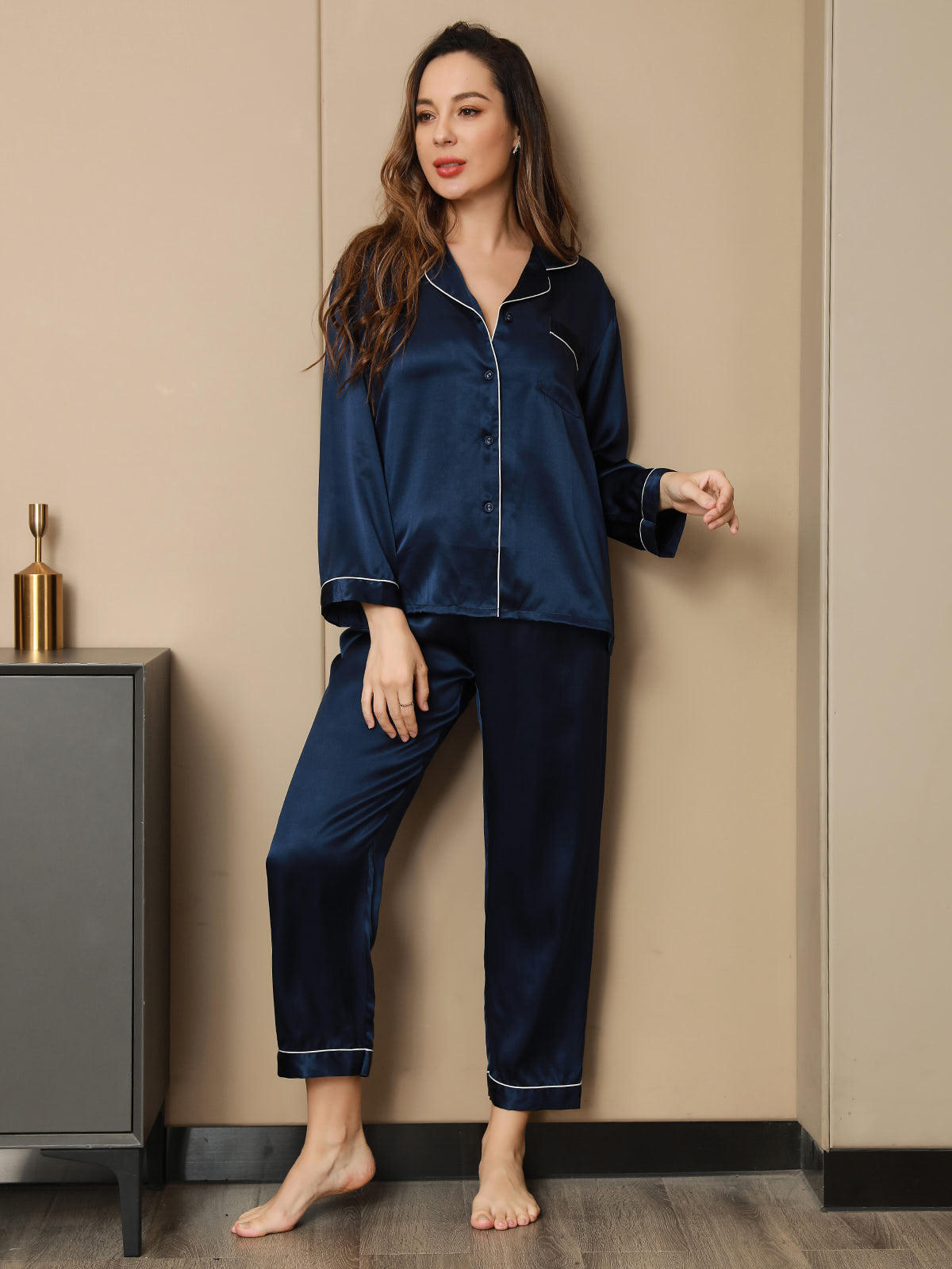 SilkSilky-NL Lange Mouw Revers Dames Pyjama Set Donkerblauw 005