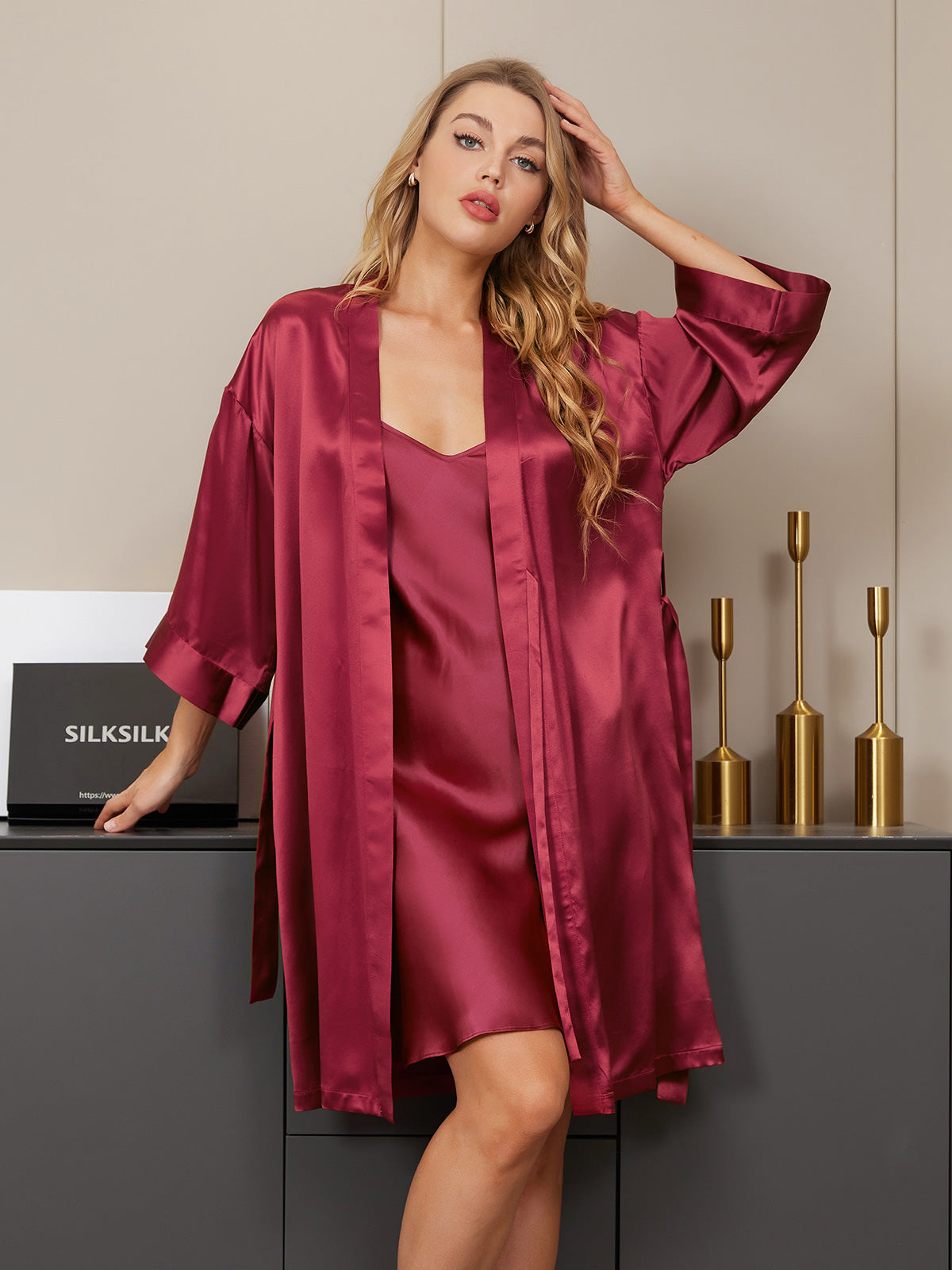 SilkSilky NL Pure Silk 3/4 Mouw Nightgown&Robe Set Wijn 004