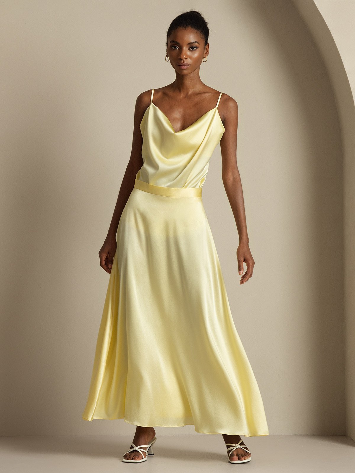 [Lichtgeel] SilkSilky-NL 19Momme Spaghetti Bandjes Waterval Hals Women''s Outfit Sets 001