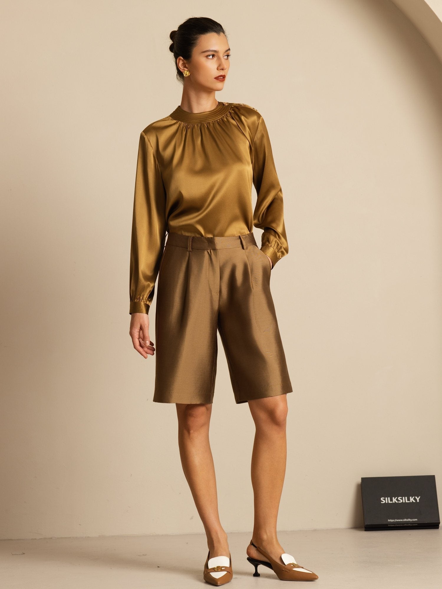 [Brons] SilkSilky-NL 19Momme Lange Mouw Ronde Hals Blouse 007