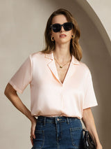 [Roze] SilkSilky-NL Short Sleeve Lapel Collar Dames Blouse 001