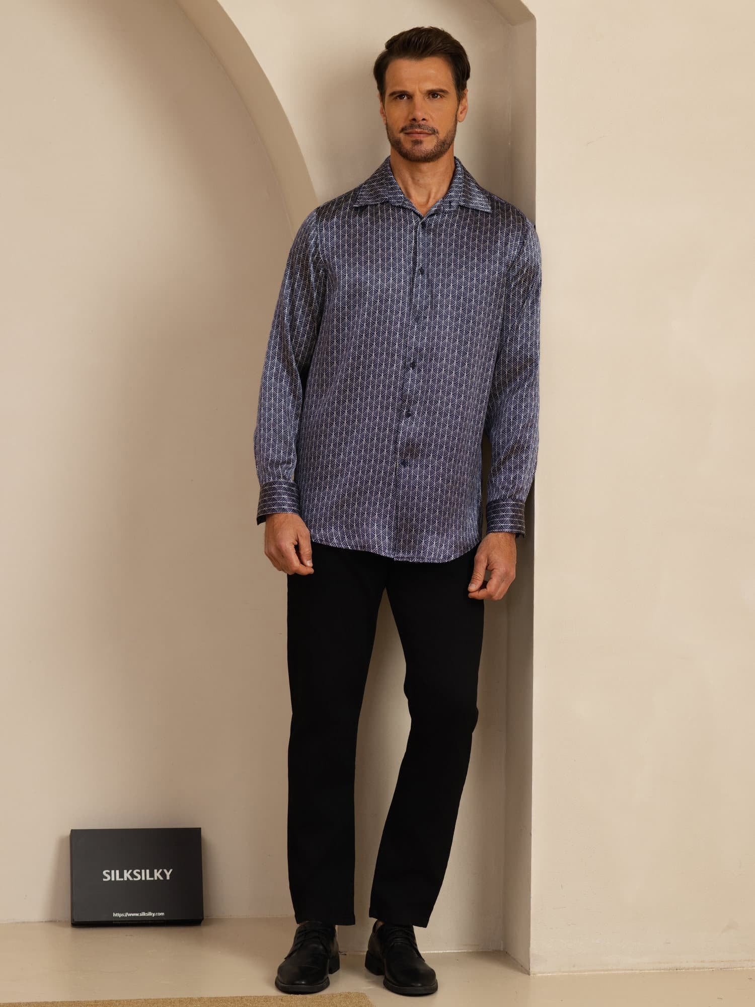 [Marine Ginkgo] SilkSilky-NL Lange Mouw Reverskraag Heren Shirt 006