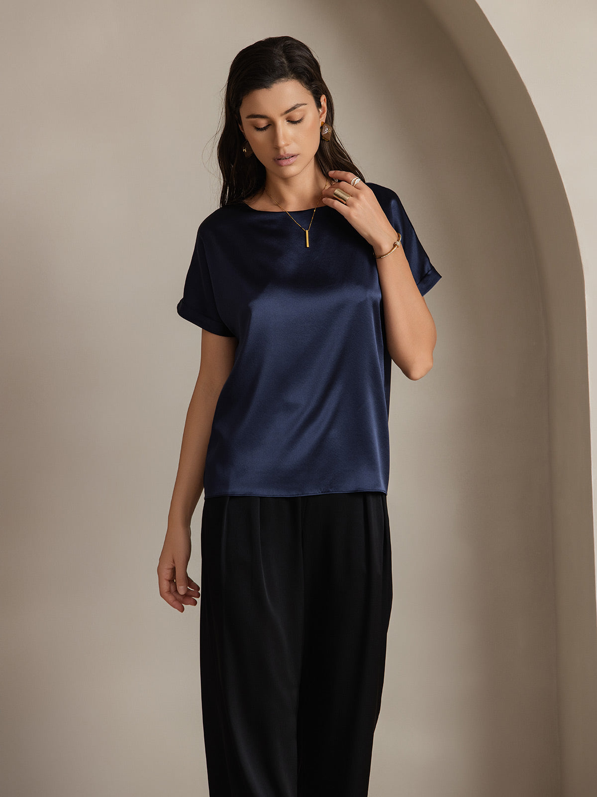 [Donkerblauw] SilkSilky-NL 19Momme Zijde Ronde Hals Dames T-Shirt 003