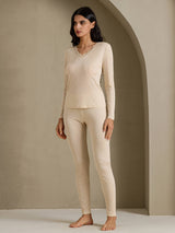 [Beige] SilkSilky-NL Long Sleeve V Neck Dames Lange Onderkleding 007