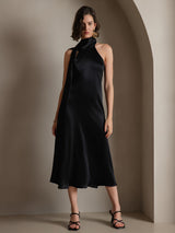 [Zwart] SilkSilky-NL 19Momme Stretch Silk Charmeuse Sleeveless Tie Neck Jurk 004