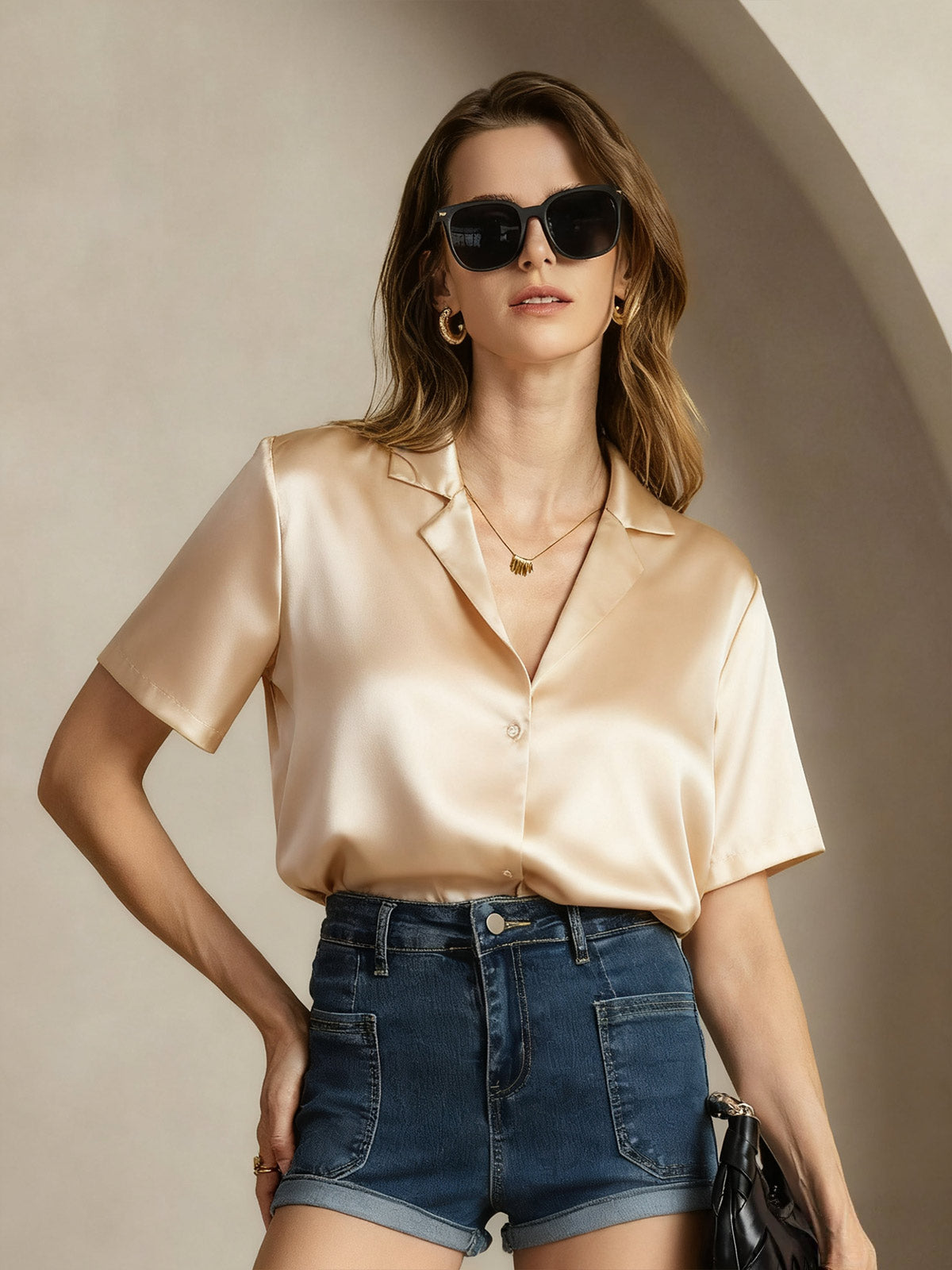 [Champagne] SilkSilky-NL 19Momme Zijde Inkeping Dames Blouse 005