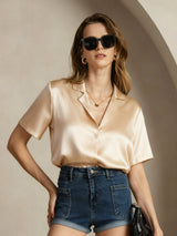 [Champagne] SilkSilky-NL Short Sleeve Lapel Collar Dames Blouse 005