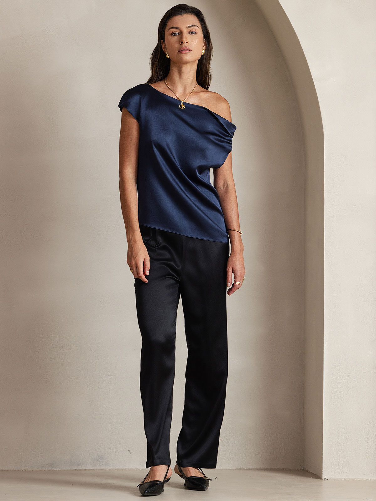 [Donkerblauw] SilkSilky-NL 19Momme Zijde Womens T-Shirt 005