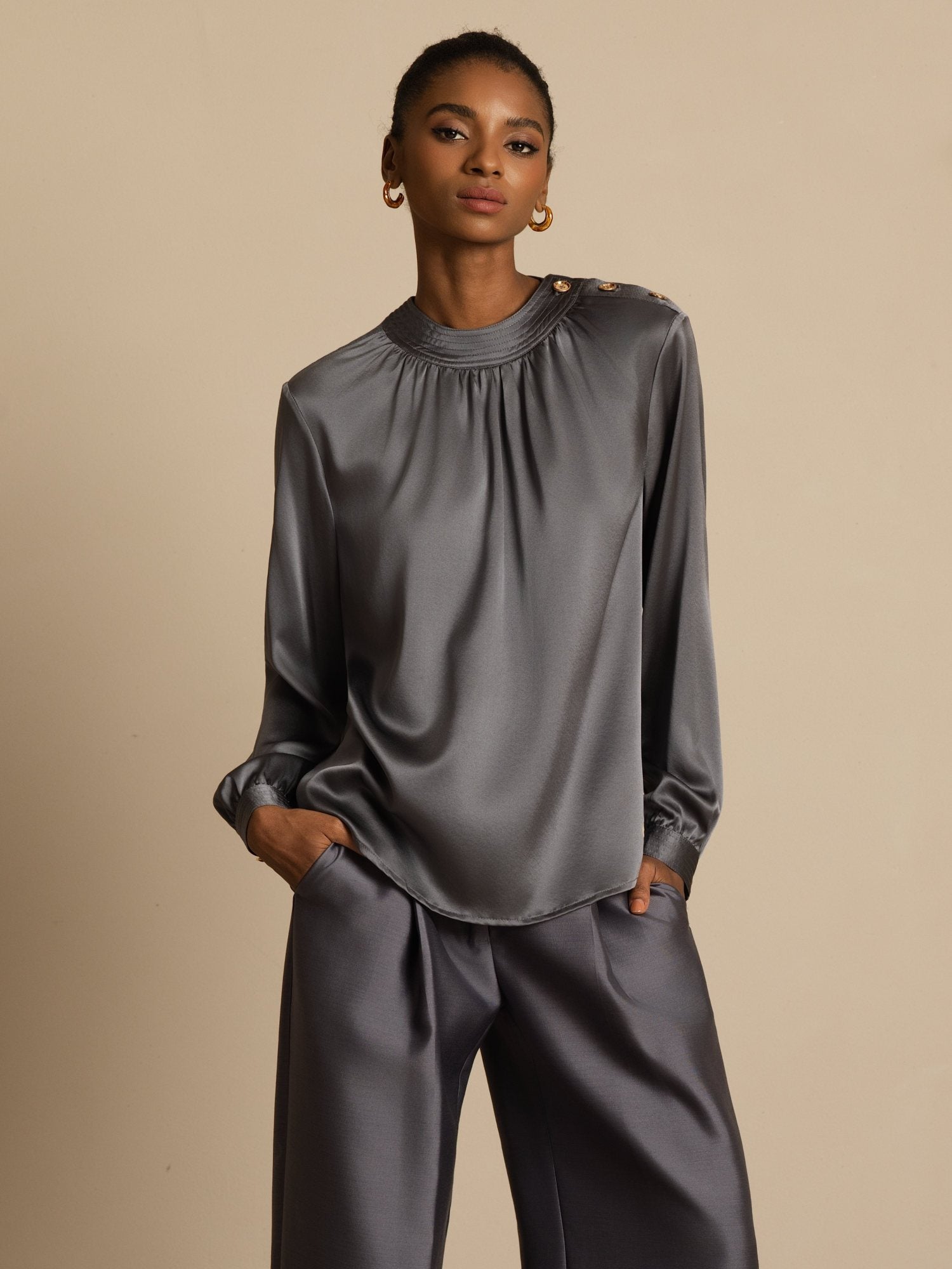 [Donkergrijs] SilkSilky-NL 19Momme Lange Mouw Ronde Hals Blouse 004