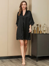 [Zwart] SilkSilky-NL Pure Silk Halve Mouw Nightgown&Robe Set 005