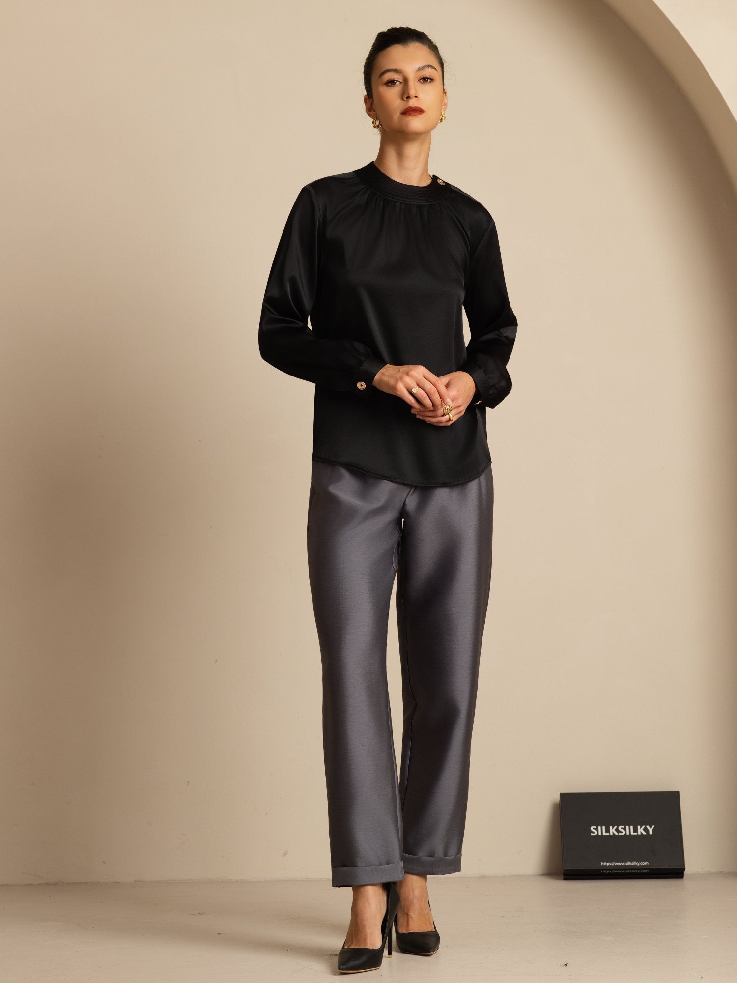 [Zwart] SilkSilky-NL 19Momme Lange Mouw Ronde Hals Blouse 007