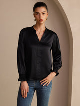 [Zwart] SilkSilky-NL Long Sleeve Split Blouse 003