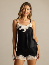[Zwart] SilkSilky-NL Spaghetti Strap V Neck Cami-Set 001