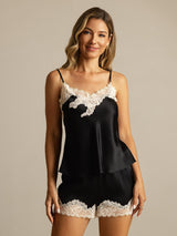[Zwart] SilkSilky-NL Spaghetti Bandjes V Hals Cami-Set 001