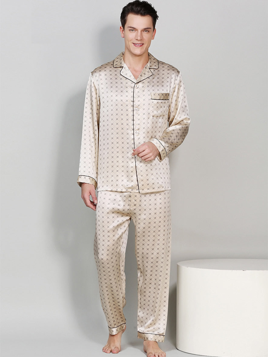 [Champagne] SilkSilky-NL Pure Silk Lange Mouw Revers Heren Pyjama Set 001