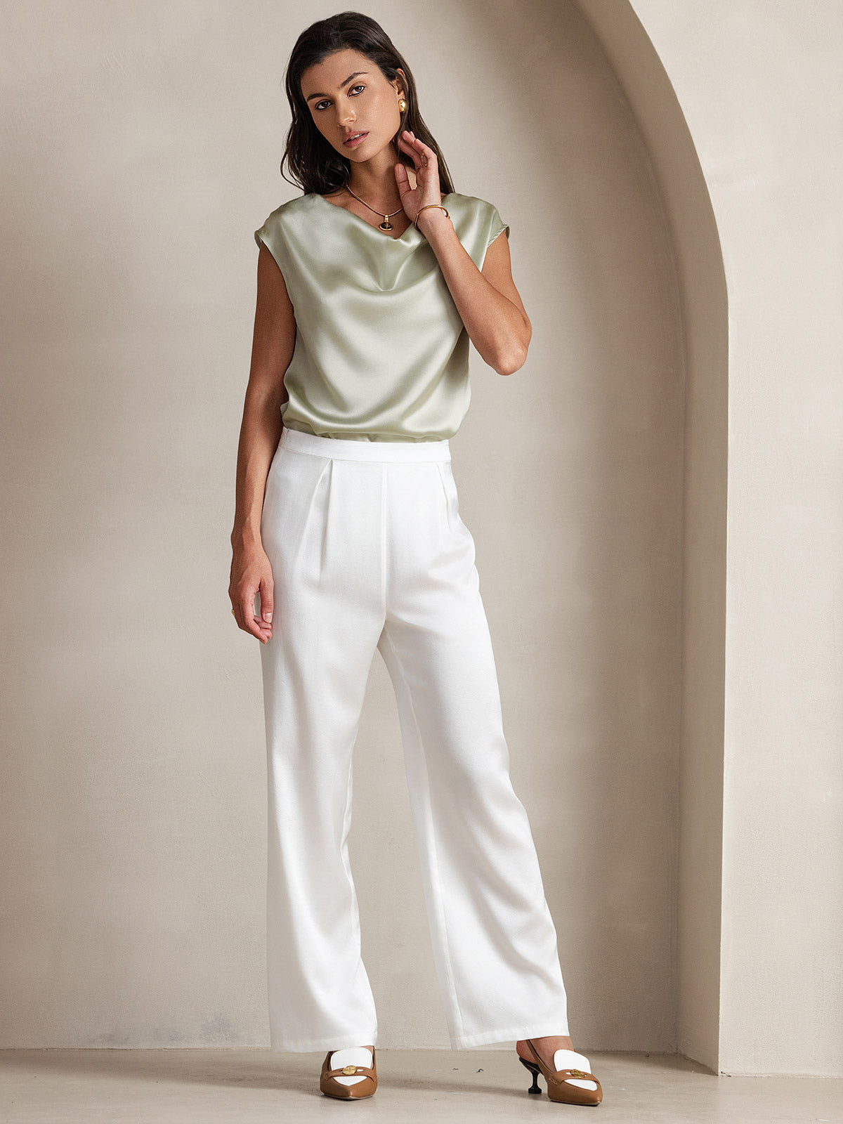 [Lichtgroene] SilkSilky-NL 19Momme Zijde Mouwloos Womens T-Shirt 008