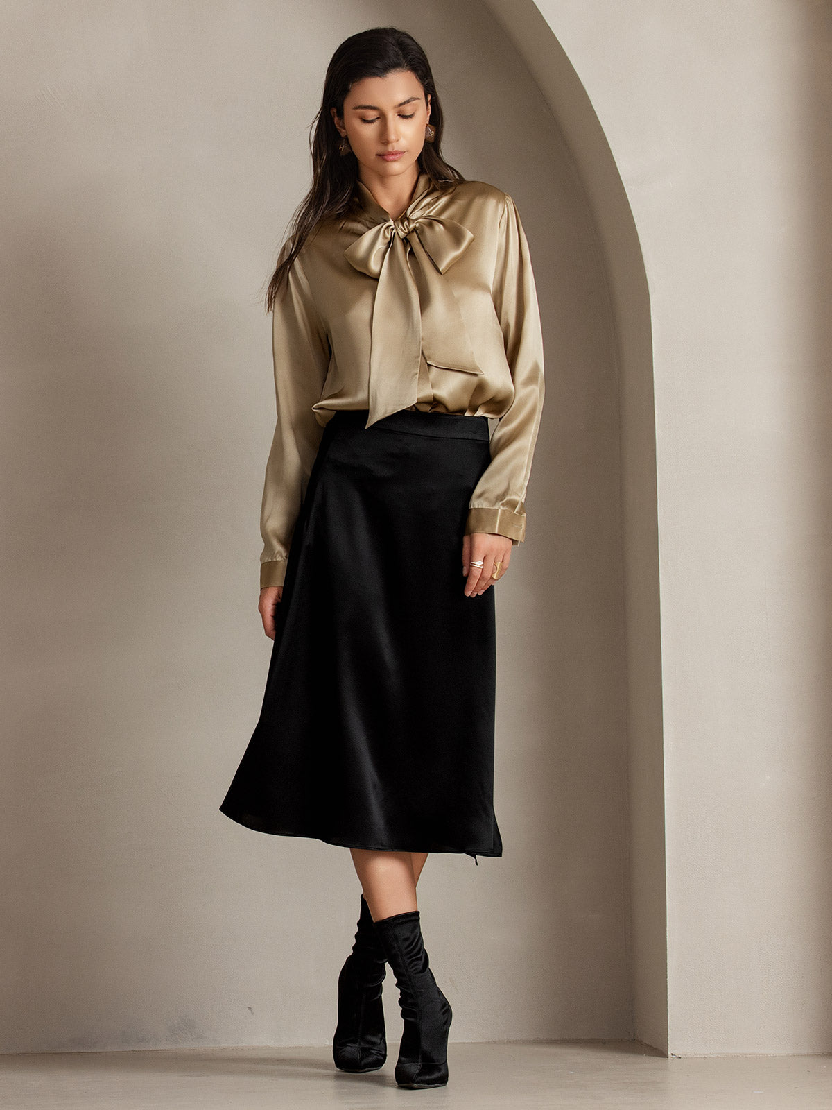 [Champagne] SilkSilky-NL 19Momme Zijde Lange Mouw Binda Hals Dames Blouse 006