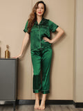 SilkSilky NL Pure Silk Korte Mouw Revers Dames Pyjama Set Groen 001