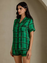[Groen Geruit] SilkSilky-NL Short Sleeve Notch Collar Dames Pyjama Set 003