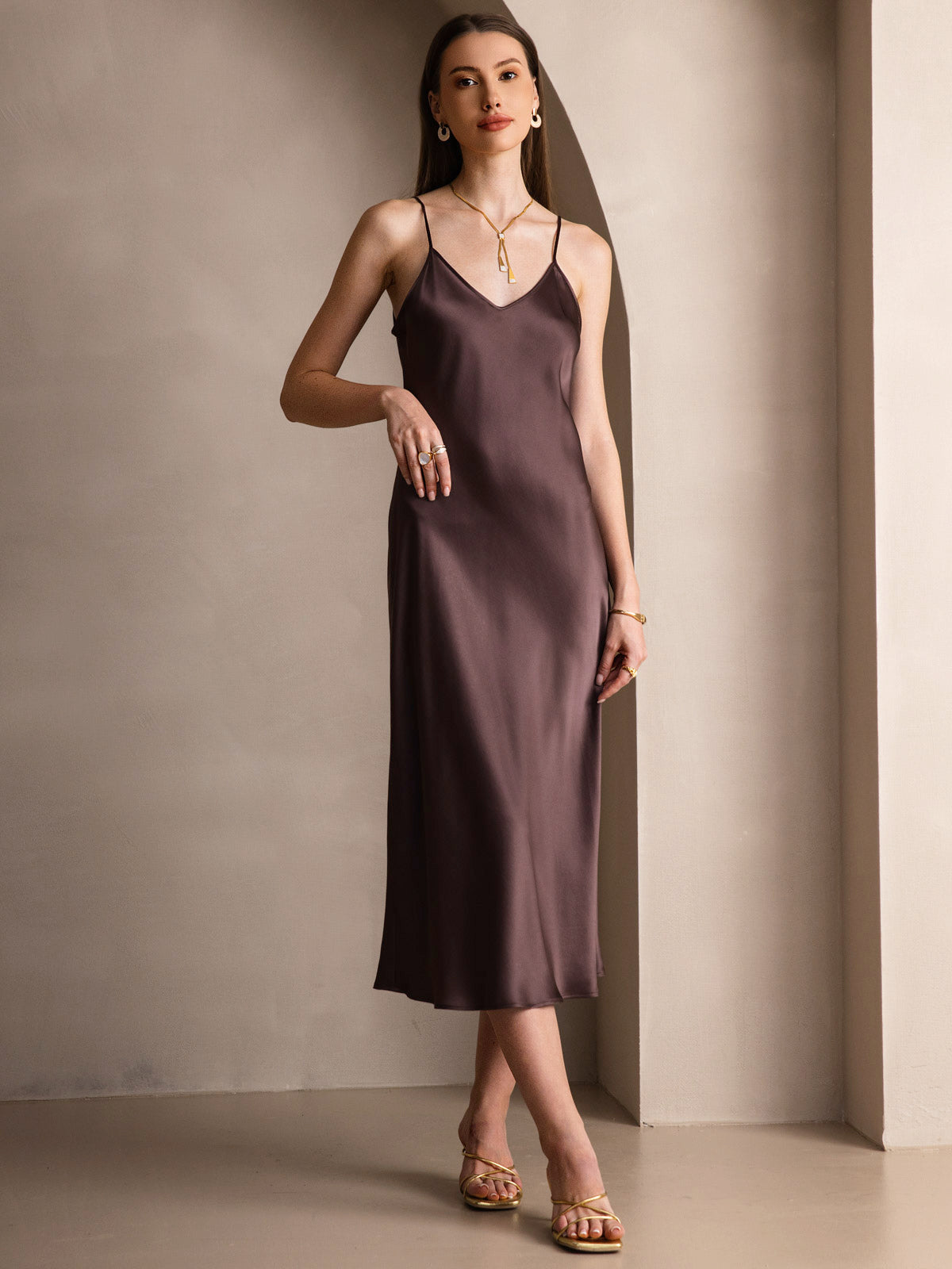 [Koffie] SilkSilky-NL Ronde Hals Jurk 004