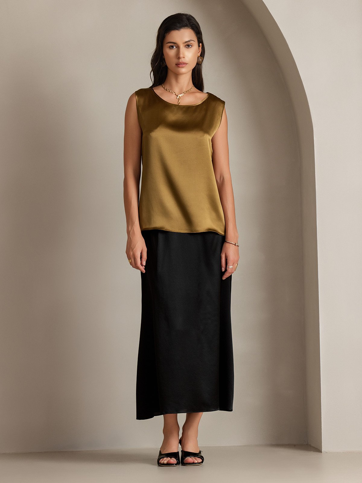 [Bruin] SilkSilky-NL 19Momme Zijde Ronde Hals Cami-Top 005