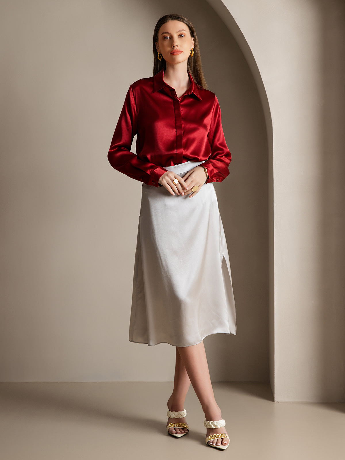 [Wijn] SilkSilky-NL 19Momme Zijde Lapel Collar Dames Blouse 007