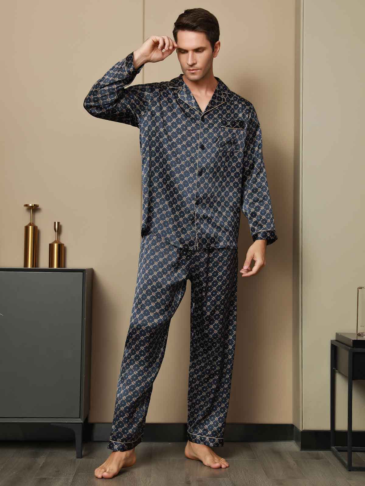[Donkerblauw] SilkSilky-NL Pure Silk Lange Mouw Revers Heren Pyjama Set 004