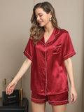 SilkSilky-NL Korte Mouw Revers Dames Pyjama Set Wijn 005