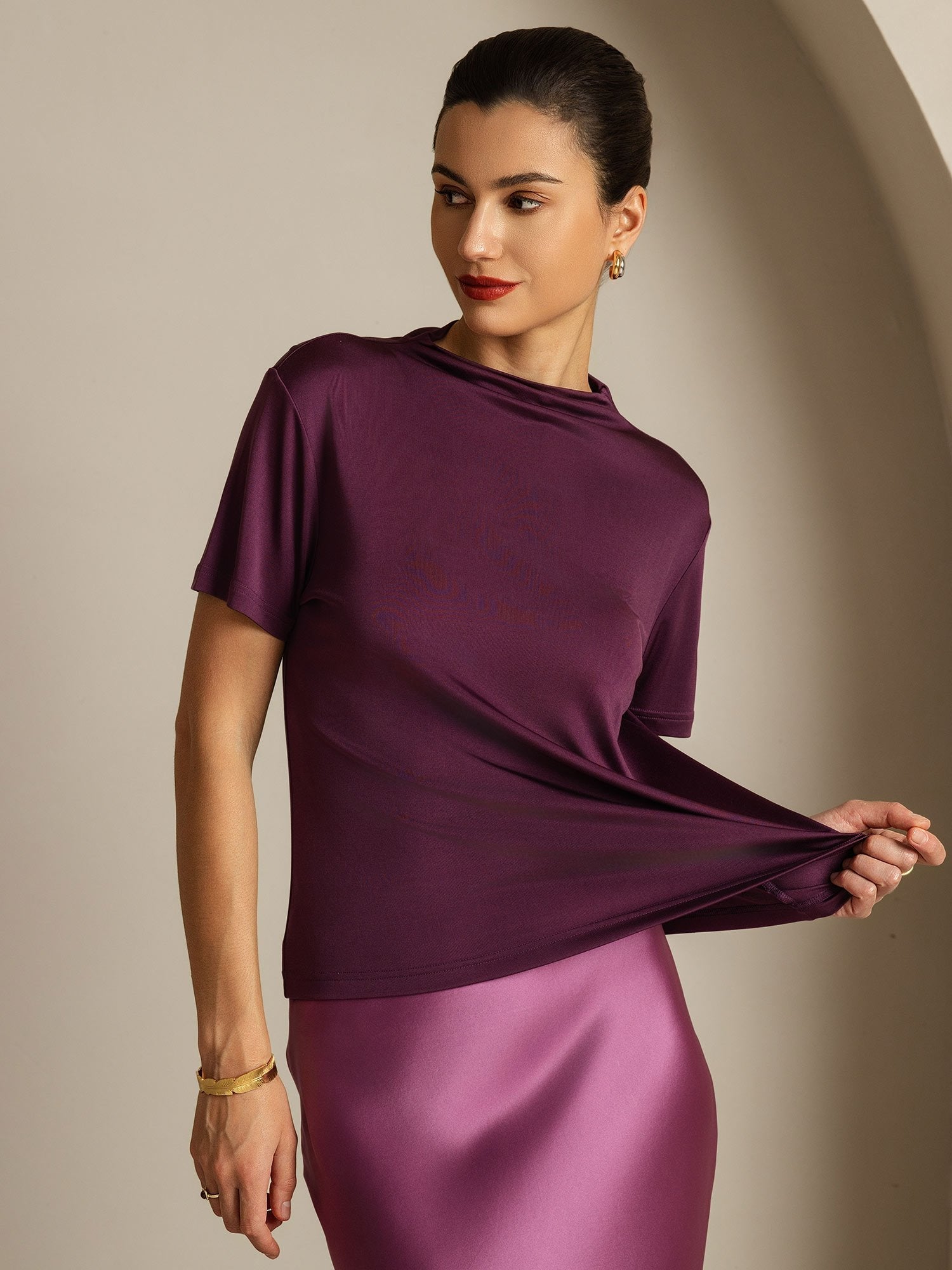 [Paars] SilkSilky-NL Zijde Kraag Dames T-Shirt 001