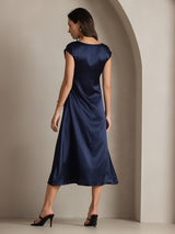 [Donkerblauw] SilkSilky-NL Kapmouwtjes Diepe Ronde Hals Jurk 002