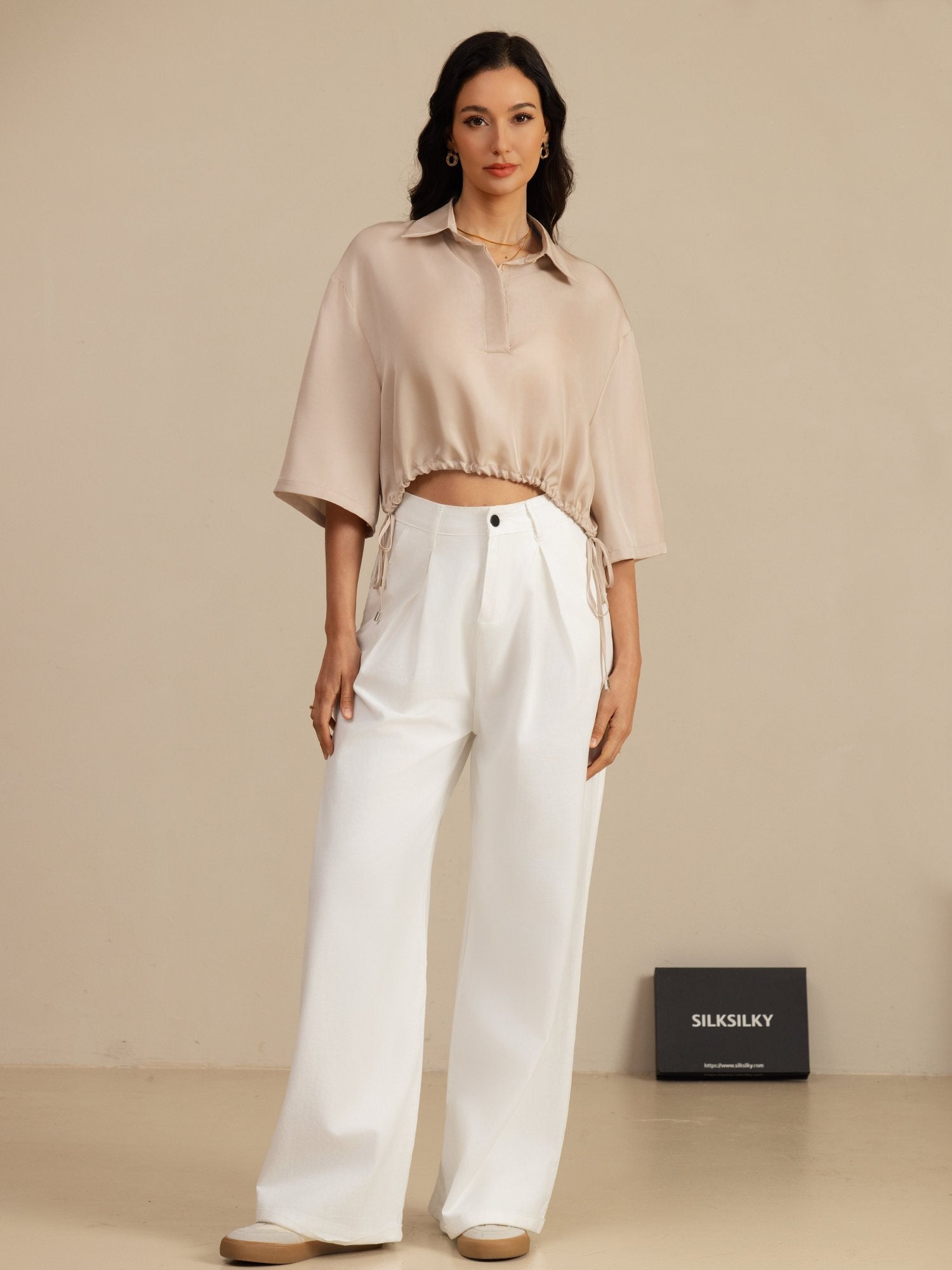 [Tan] SilkSilky-NL 18Momme Halve Mouw Reverskraag Blouse 006