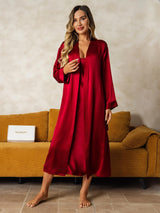 [Wijn] SilkSilky-NL Long Sleeve V Neck Nachthemd&Kamerjas Set 006