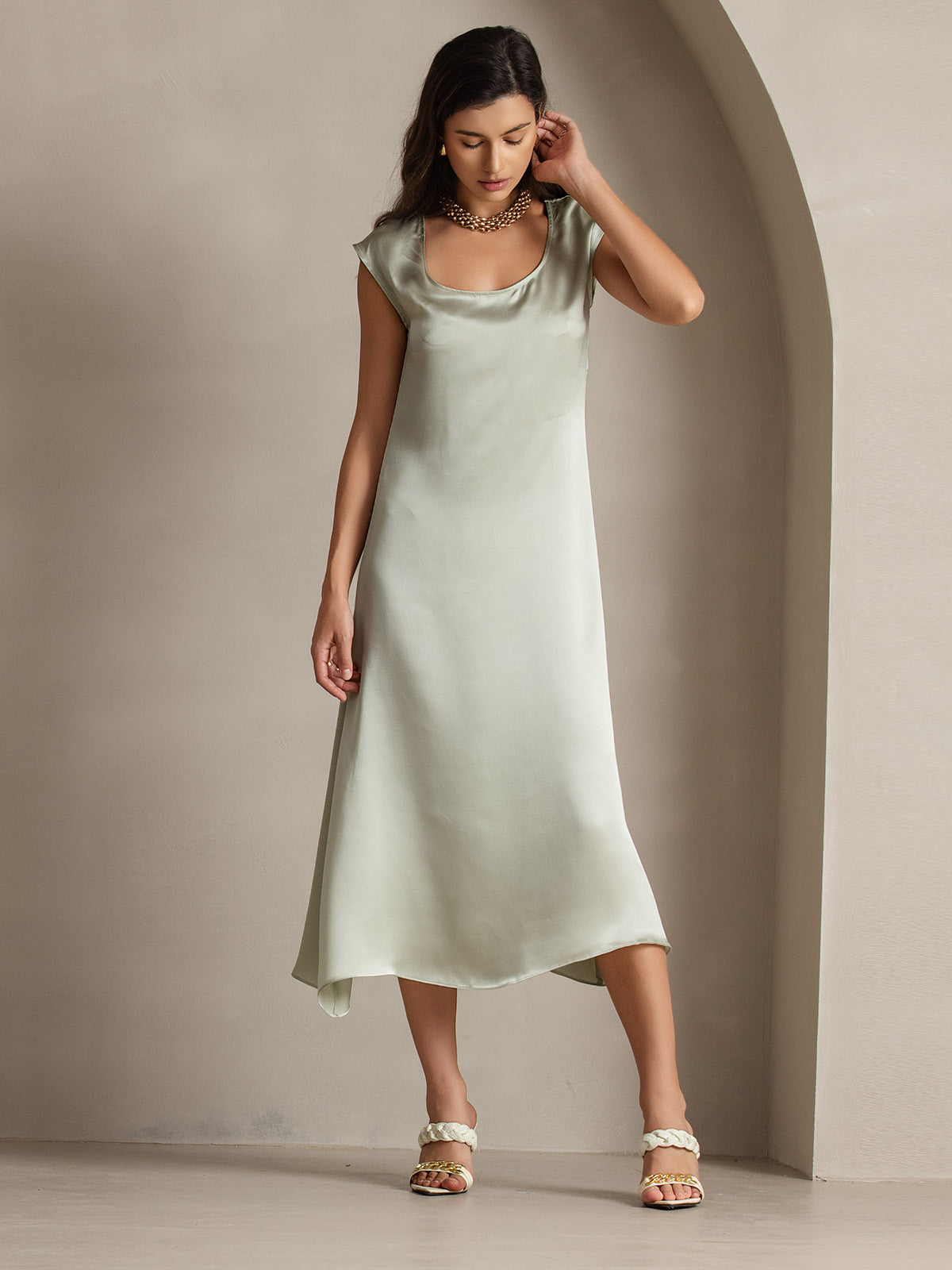 SilkSilky-NL 19Momme Zijde Mouwloos Ronde Hals Jurk Lichtgroene 003