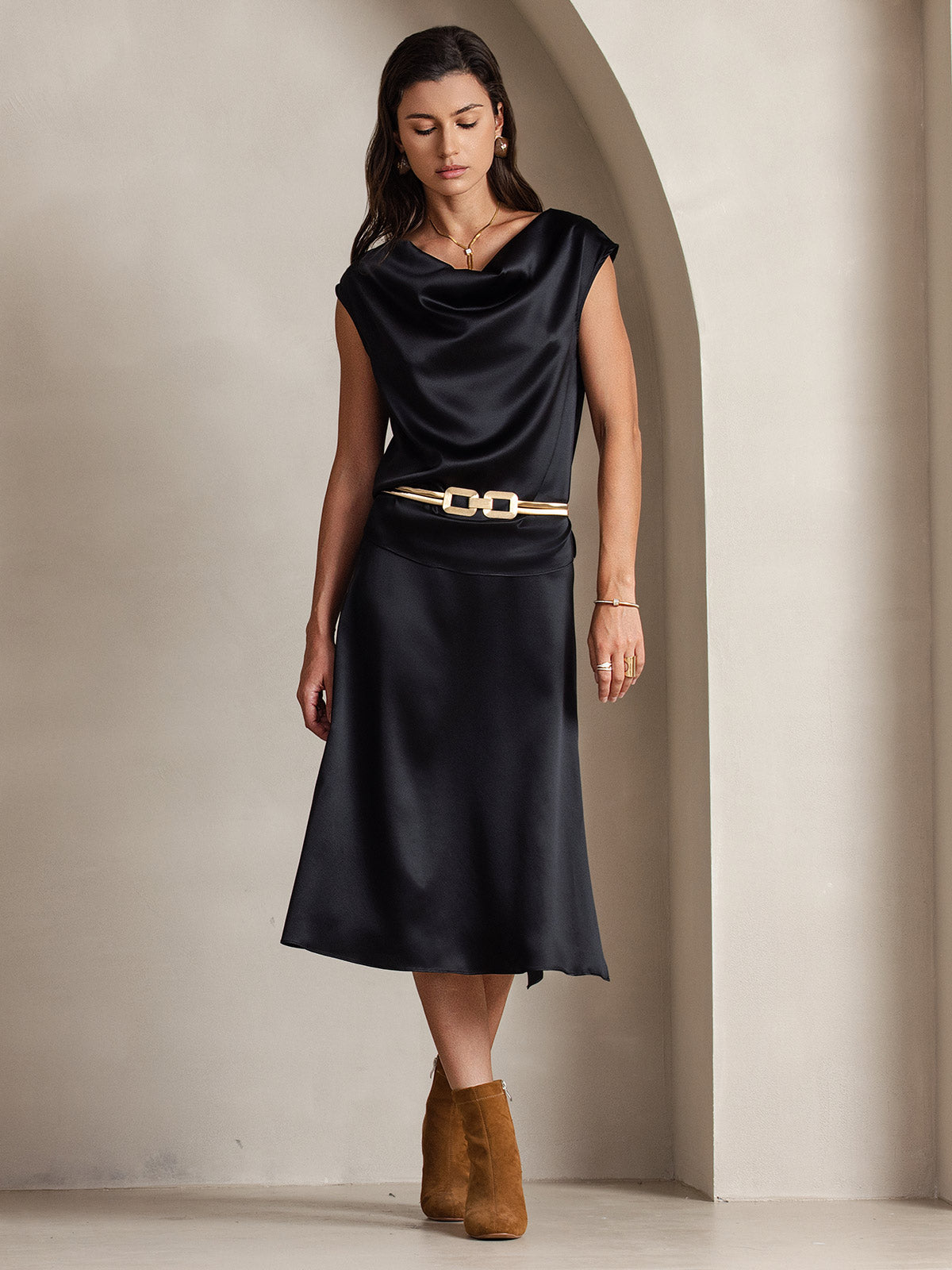 [Zwart] SilkSilky-NL 19Momme Zijde Mouwloos Womens T-Shirt 003