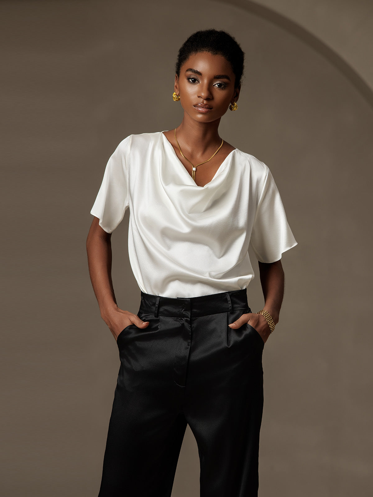 [Wit] SilkSilky-NL Short Sleeve Cowl Neck Blouse 001