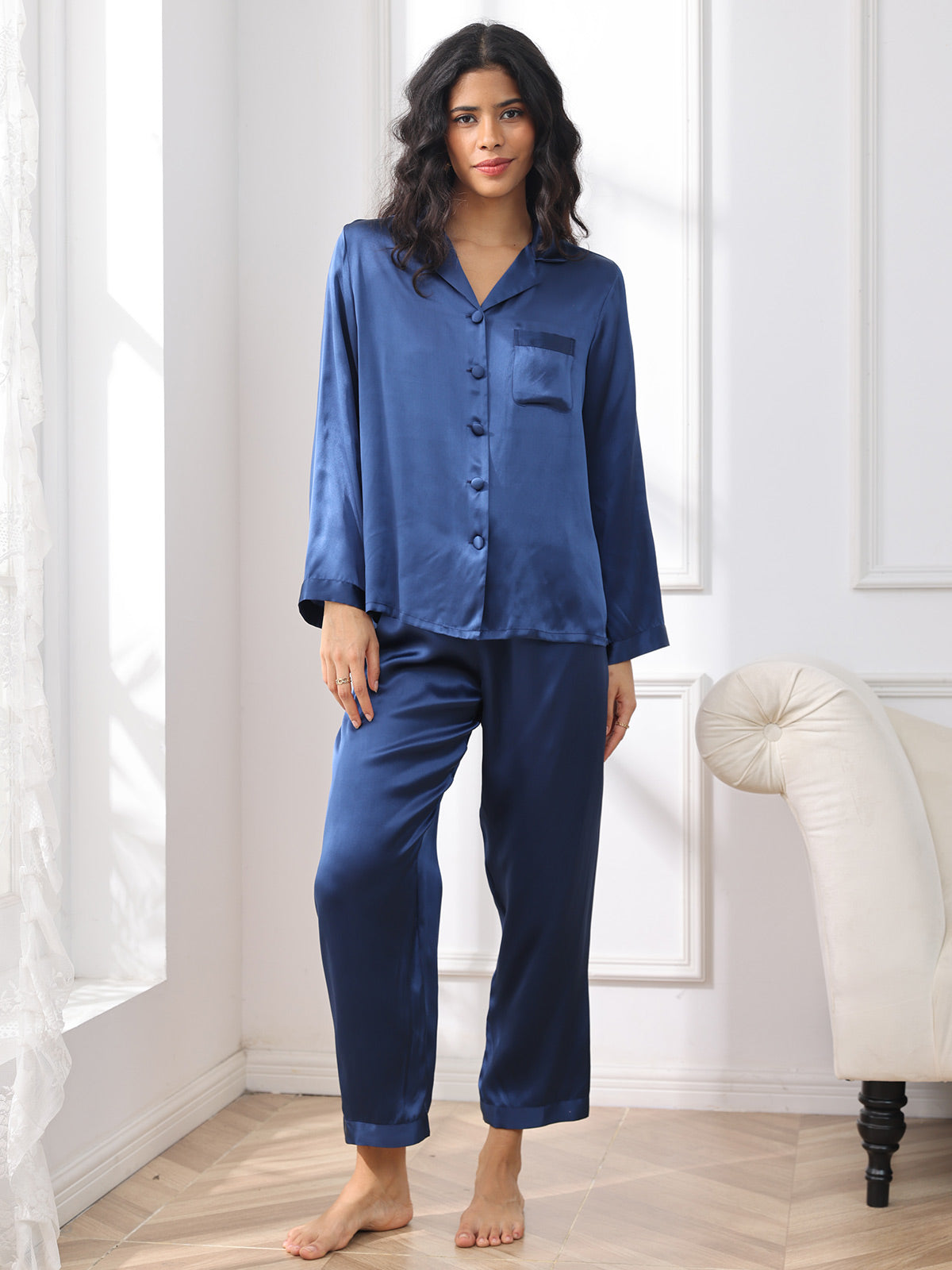 SilkSilky NL Pure Silk Lange Mouw Revers Dames Pyjama Set Donkerblauw 003