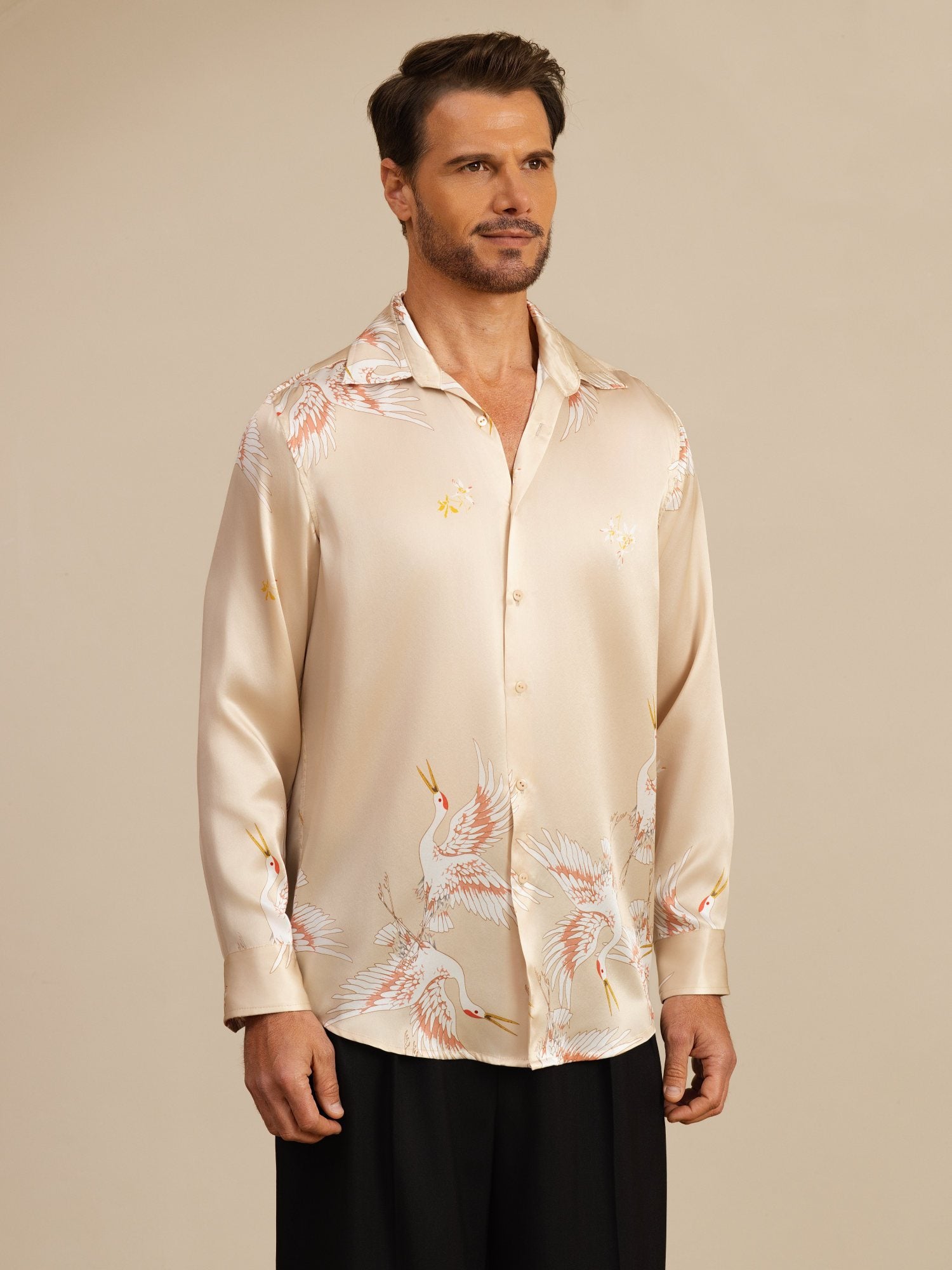 [Champagne] SilkSilky-NL 19Momme Lange Mouw Reverskraag Heren Shirt 004