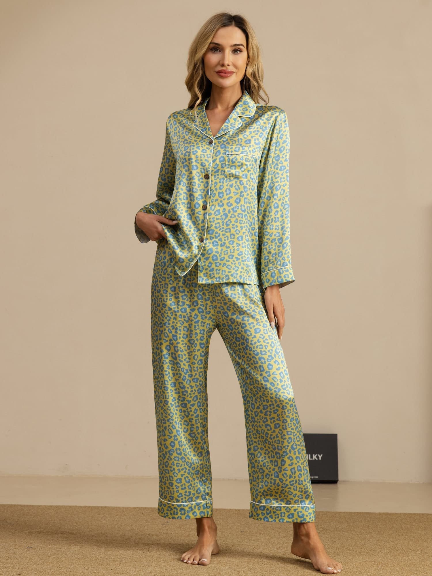 [Groene Luipaard] SilkSilky-NL 19Momme Lange Mouw Notchkraag Dames Pyjama Set 007