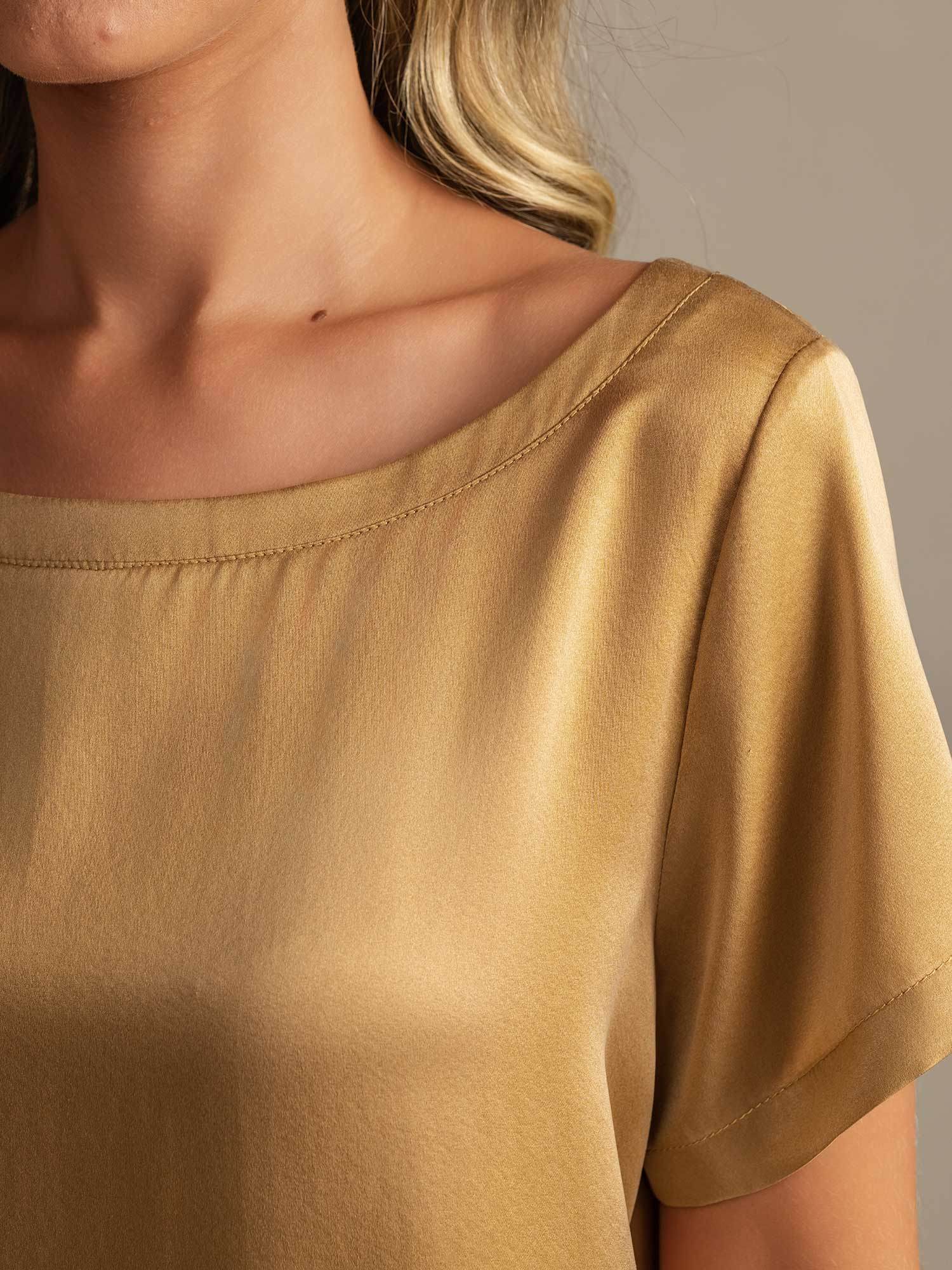 [Tan] SilkSilky-NL 19Momme Zijde Ronde Hals Dames Pyjama Set 004,