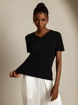 [Zwart] SilkSilky-NL Short Sleeve V Neck Dames T-Shirt 006