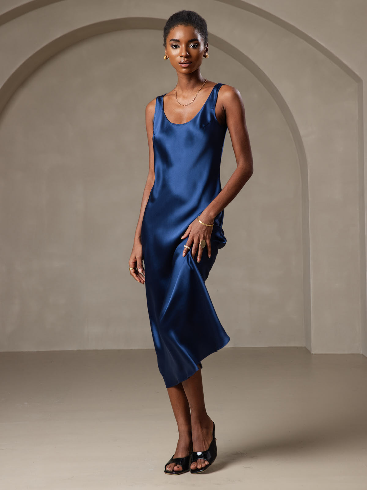 [Donkerblauw] SilkSilky-NL Boat Hals Jurk 006