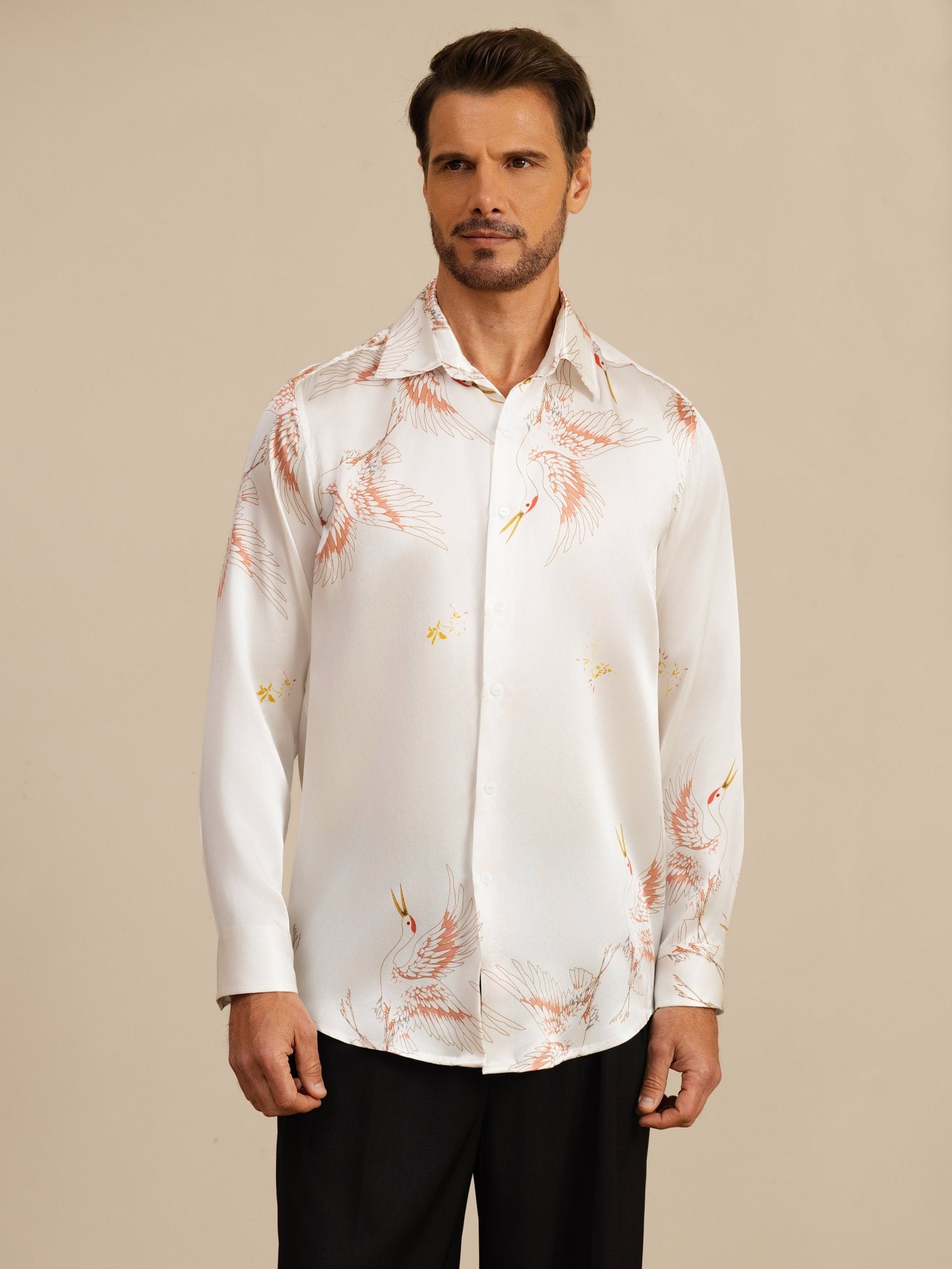 [Wit] SilkSilky-NL 19Momme Lange Mouw Reverskraag Heren Shirt 003