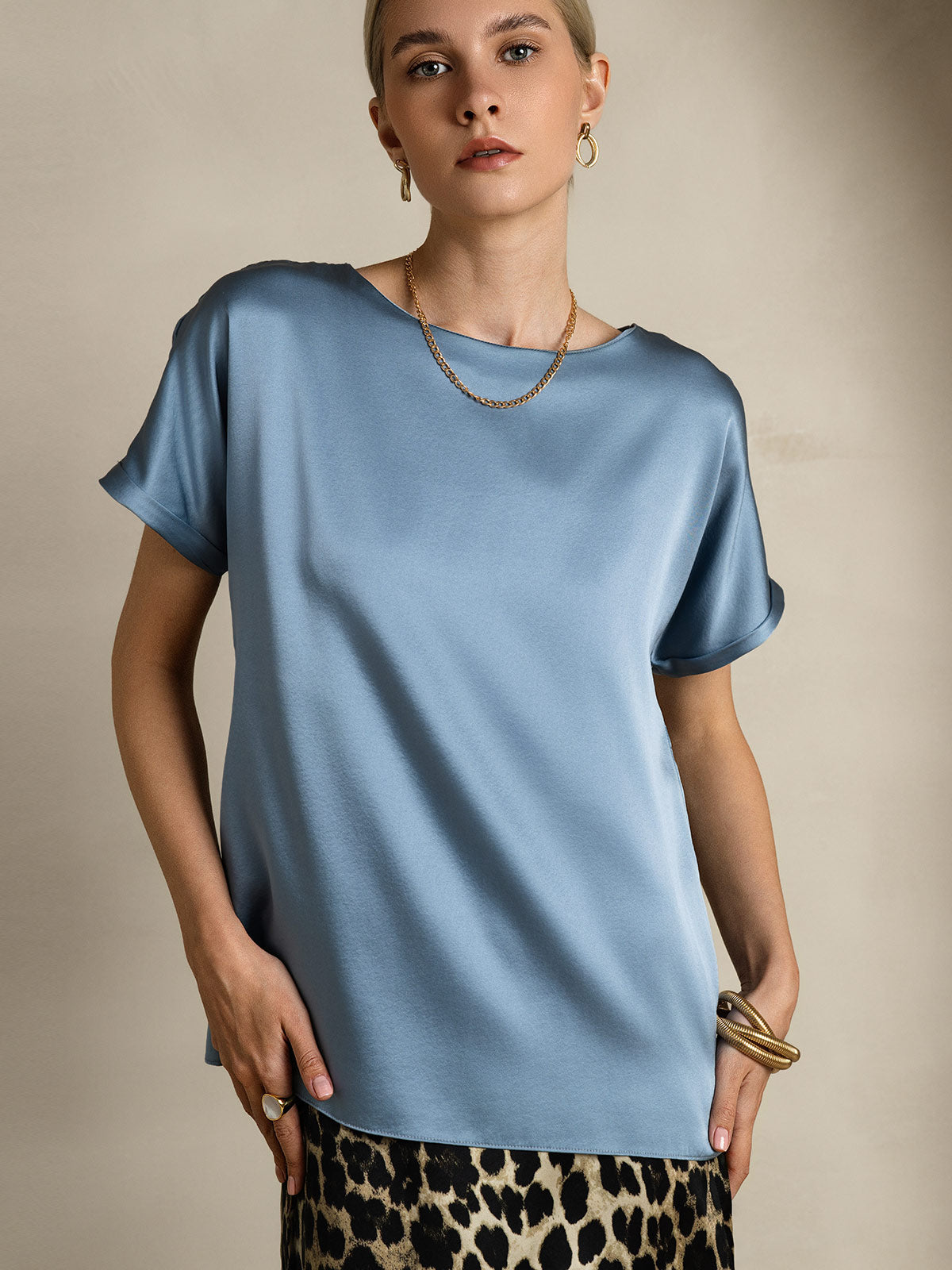 [Grijsachtig Blauw] SilkSilky-NL 19Momme Zijde Ronde Hals Dames T-Shirt 005