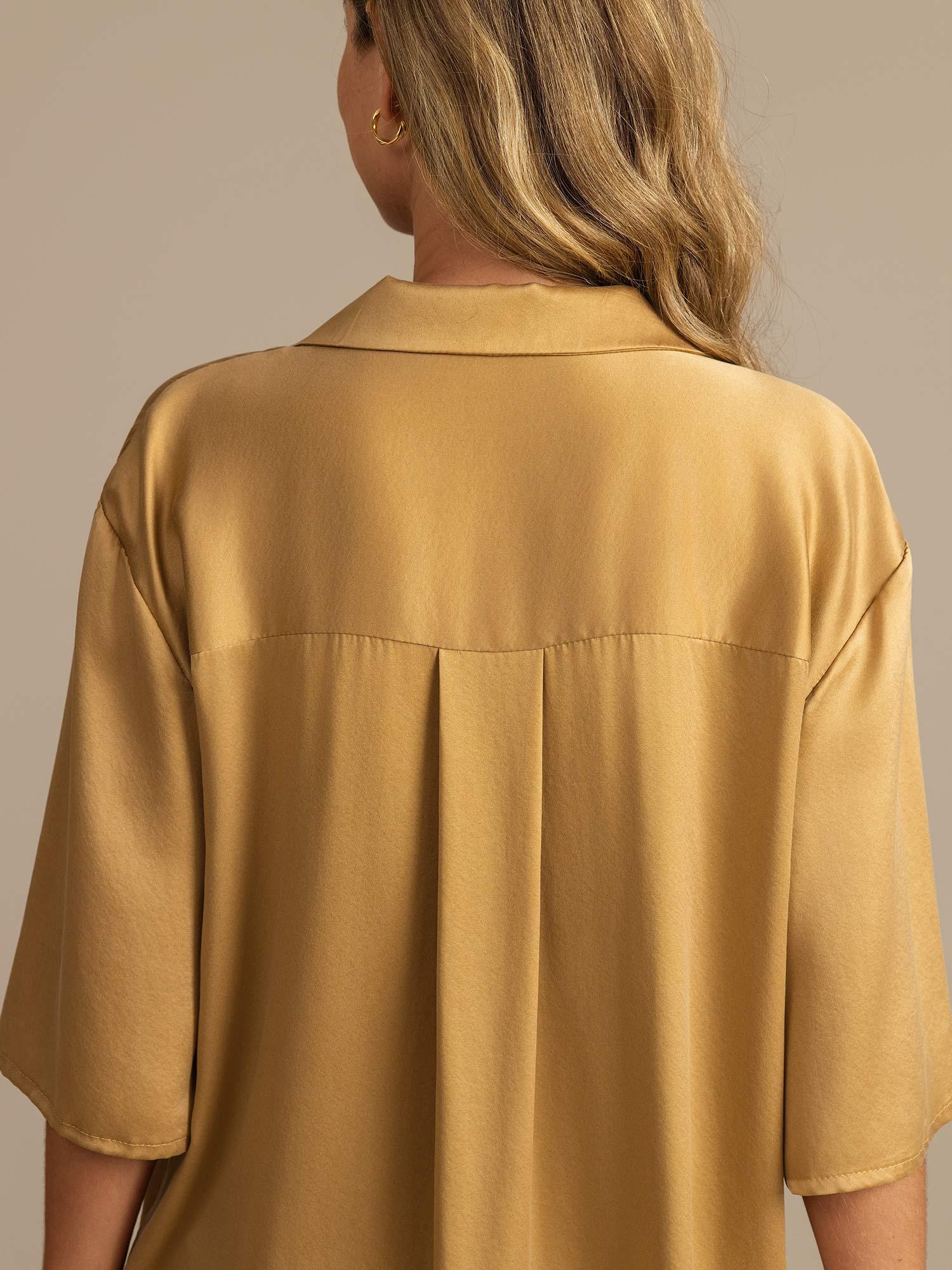 [Tan] SilkSilky-NL 19Momme Zijde Kraag Dames Pyjama Set 004,