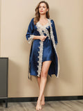 SilkSilky NL Pure Silk 3/4 Mouw Nightgown&Robe Set Blauw 001